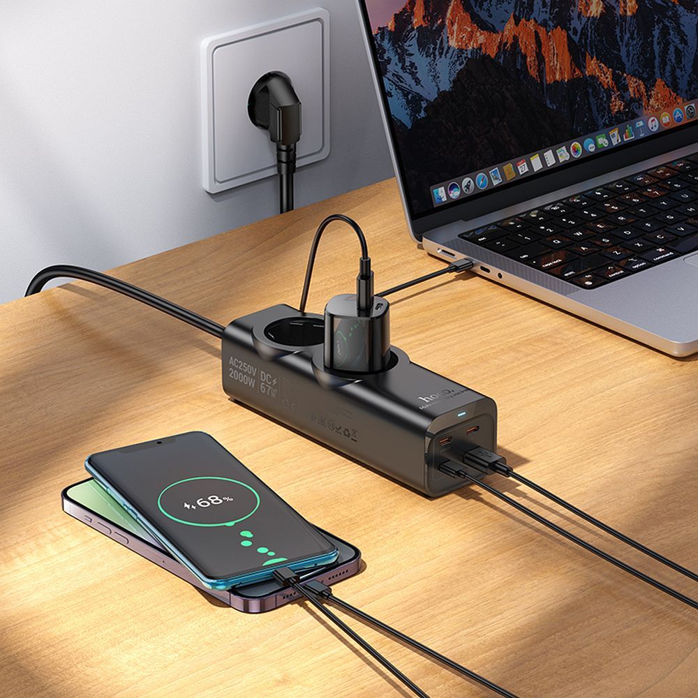 HOCO extension cord 2 socket + USB A + 3 x Type C PD QC3.0 3A 67W NS10 2 m black