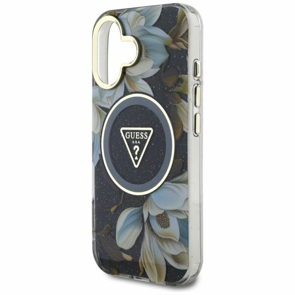 GUESS case for IPHONE 16 compatible with MagSafe GUHMP16SHFLPEDK (IML Metal Glitter Flowers Triangle) black