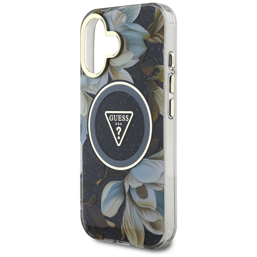 GUESS case for IPHONE 16 compatible with MagSafe GUHMP16SHFLPEDK (IML Metal Glitter Flowers Triangle) black