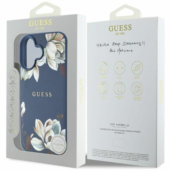 GUESS case for IPHONE 16 compatible with MagSafe GUHMP16SPGNMPLMB (PU Grained Flowers Classic Logo) blue