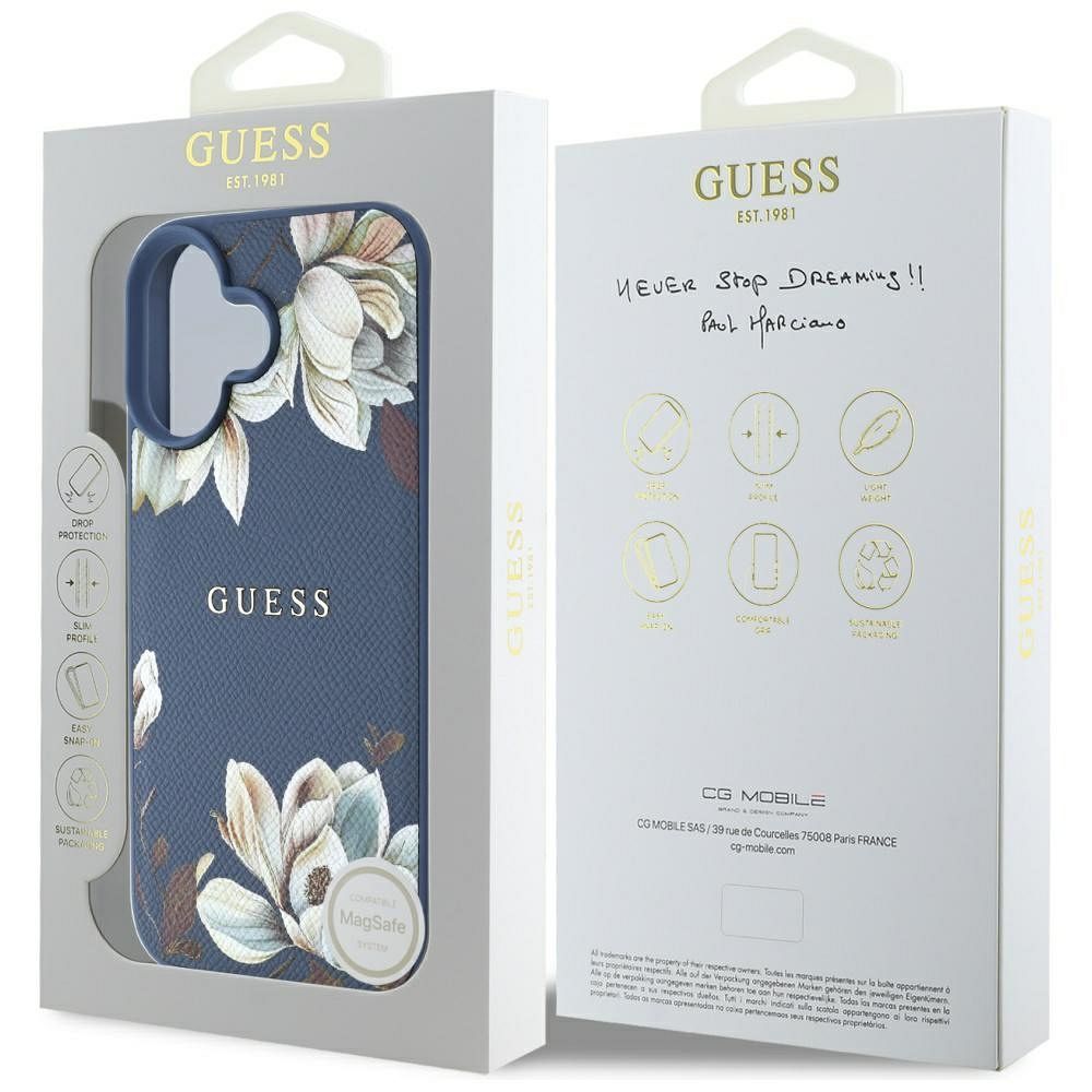 GUESS case for IPHONE 16 compatible with MagSafe GUHMP16SPGNMPLMB (PU Grained Flowers Classic Logo) blue