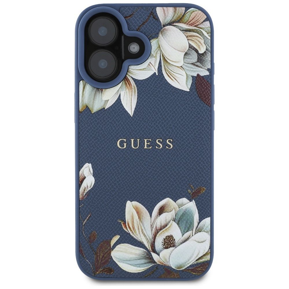 GUESS case for IPHONE 16 compatible with MagSafe GUHMP16SPGNMPLMB (PU Grained Flowers Classic Logo) blue