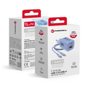 FORCELL F-ENERGY Crystal Color GaN III VT-41 travel charger with silicone cable with 1 x Type C + 1x USB A sockets, PD QC4.0 33W blue