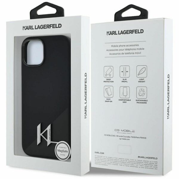 KARL LAGERFELD case for IPHONE 15 compatible with MagSafe KLHMP15SSCMKMPCK (Silicone Initial Metal Logo) black