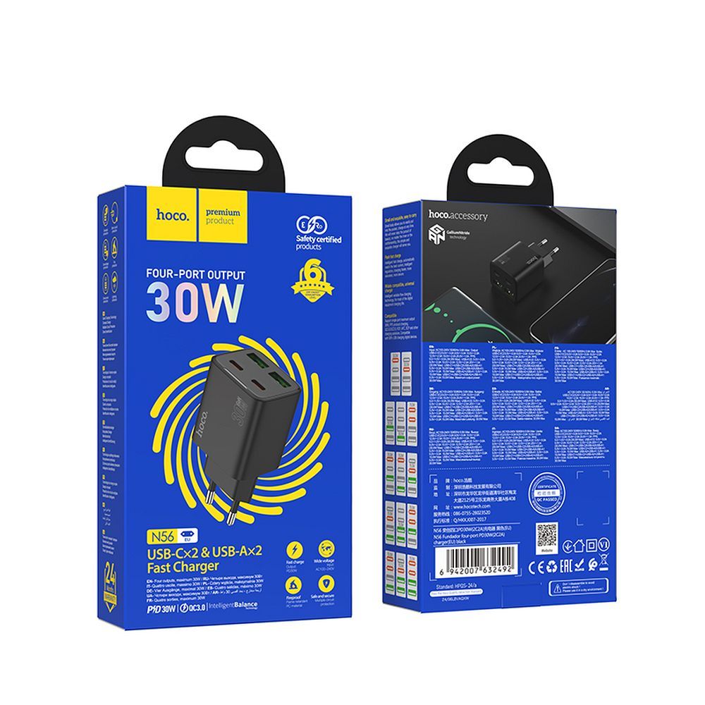 HOCO charger 2 x Type C + 2 x USB A PD QC3.0 3A 20W N56 black