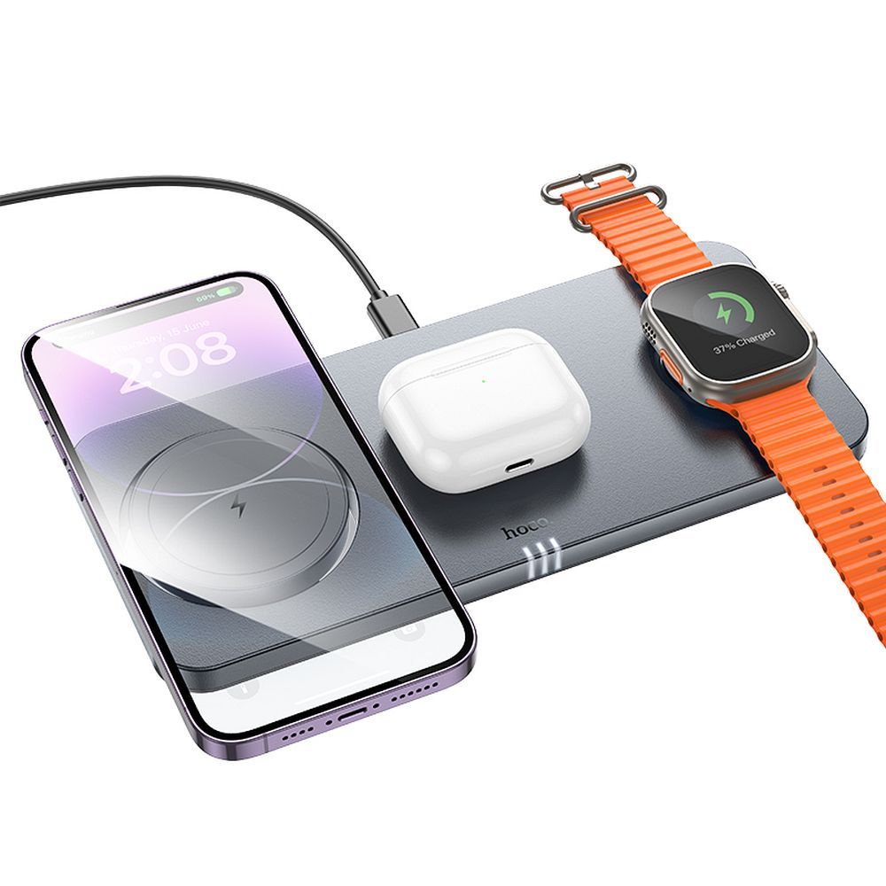HOCO folding wireless charger 3in1 compatible with MagSafe and APPLE Watch 3A 15W CQ22 metal gray