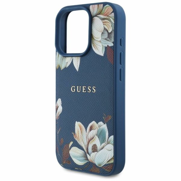 GUESS case for IPHONE 16 Pro compatible with MagSafe GUHMP16LPGNMPLMB (PU Grained Flowers Classic Logo) blue