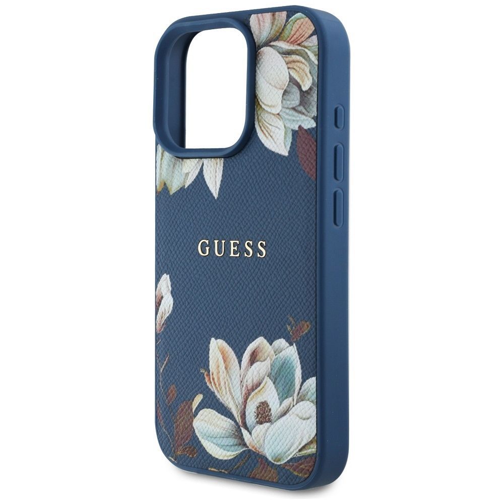 GUESS case for IPHONE 16 Pro compatible with MagSafe GUHMP16LPGNMPLMB (PU Grained Flowers Classic Logo) blue