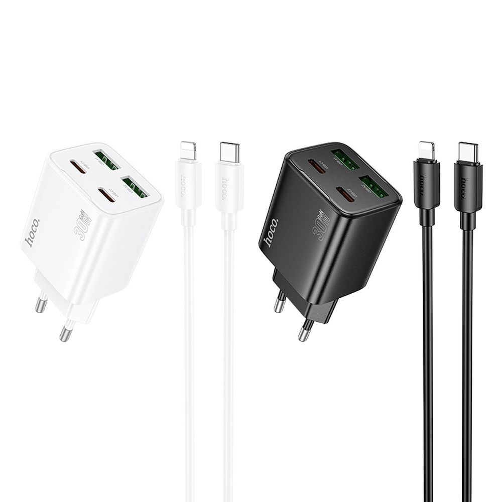 HOCO charger 2 x Type C + 2 x USB A + cable Type C to Lightning PD QC3.0 3A 30W N56 white