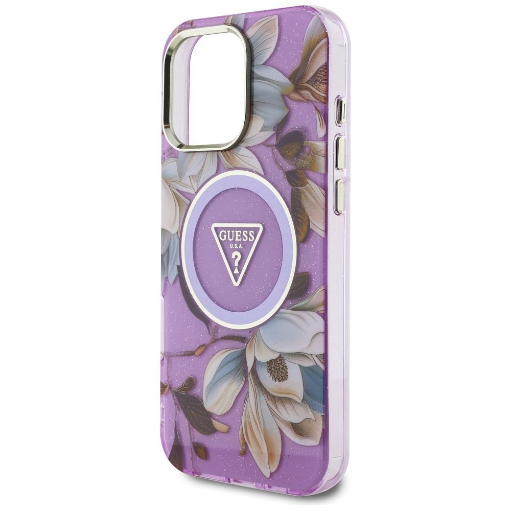 GUESS case for IPHONE 16 Pro compatible with MagSafe GUHMP16LHFLPEDU (IML Metal Glitter Flowers Triangle) purple