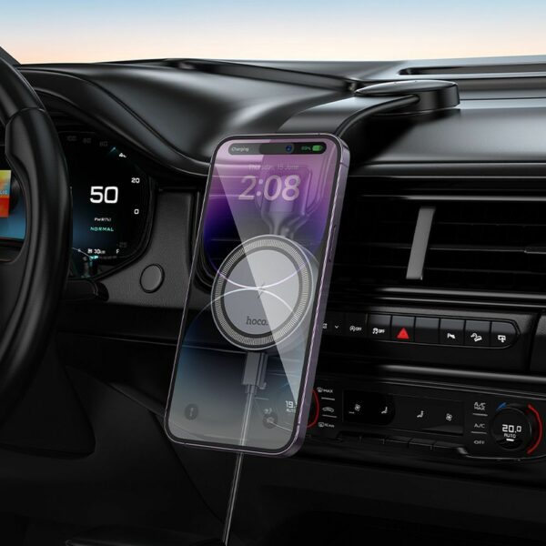 HOCO car holder with wireless charging for center console compatible with MagSafe 15W HW29 black metal gray