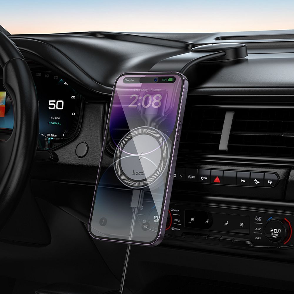 HOCO car holder with wireless charging for center console compatible with MagSafe 15W HW29 black metal gray