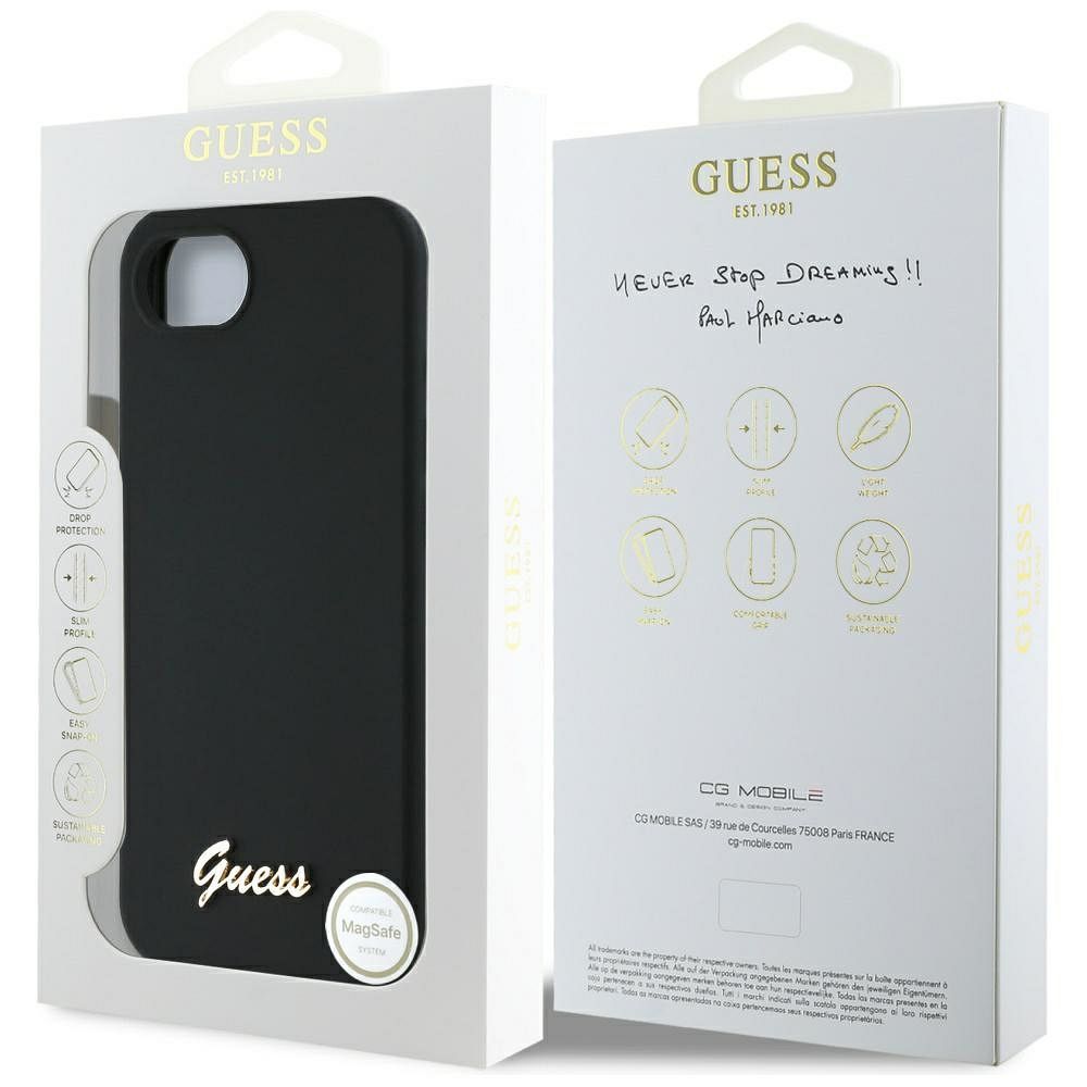 GUESS case for IPHONE 16e (SE 4 2025) compatible with MagSafe GUHMPSE4SMBSLK (Silicone Script Metal Logo) black