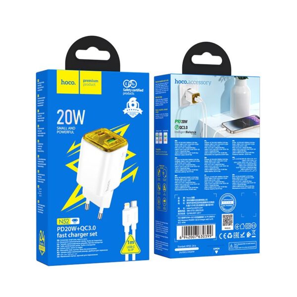 HOCO wall charger USB A + Type C + cable Type C to Lightning PD QC3.0 3A 20W N52 white