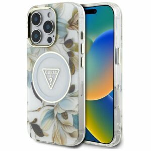 GUESS case for IPHONE 16 Pro compatible with MagSafe GUHMP16LHFLPEDH (IML Metal Glitter Flowers Triangle) white