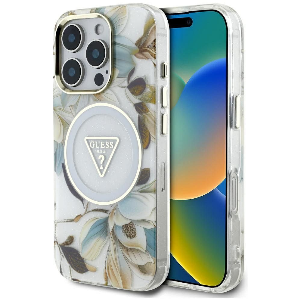 GUESS case for IPHONE 16 Pro compatible with MagSafe GUHMP16LHFLPEDH (IML Metal Glitter Flowers Triangle) white