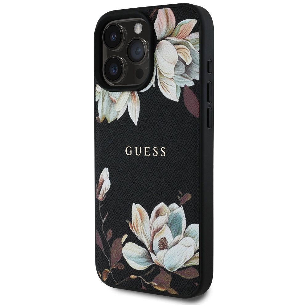 GUESS case for IPHONE 16 Pro compatible with MagSafe GUHMP16LPGNMPLMK (PU Grained Flowers Classic Logo) black