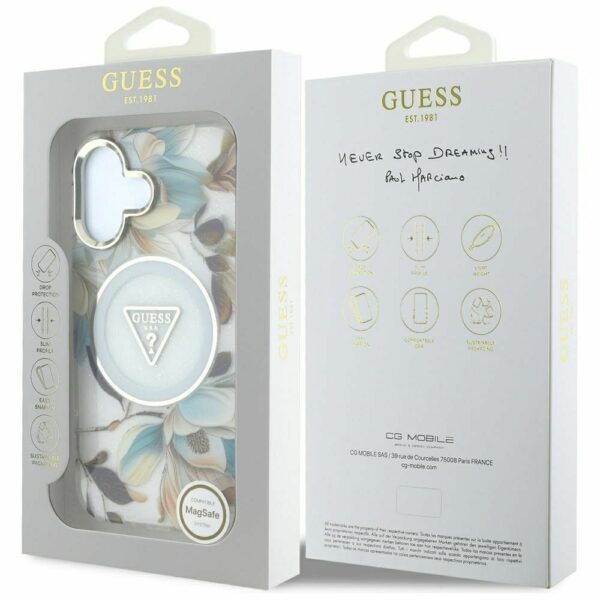 GUESS case for IPHONE 16 compatible with MagSafe GUHMP16SHFLPEDH (IML Metal Glitter Flowers Triangle) white