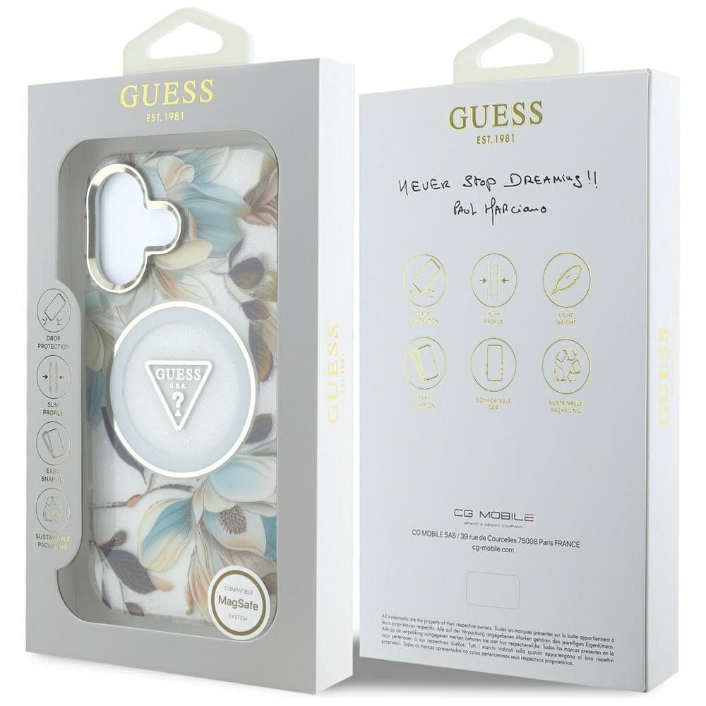 GUESS case for IPHONE 16 compatible with MagSafe GUHMP16SHFLPEDH (IML Metal Glitter Flowers Triangle) white