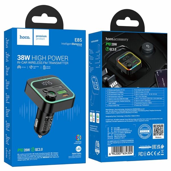 HOCO car transmitter FM bluetooth 2 x USB A + Type C PD QC3.0 20W E85 black