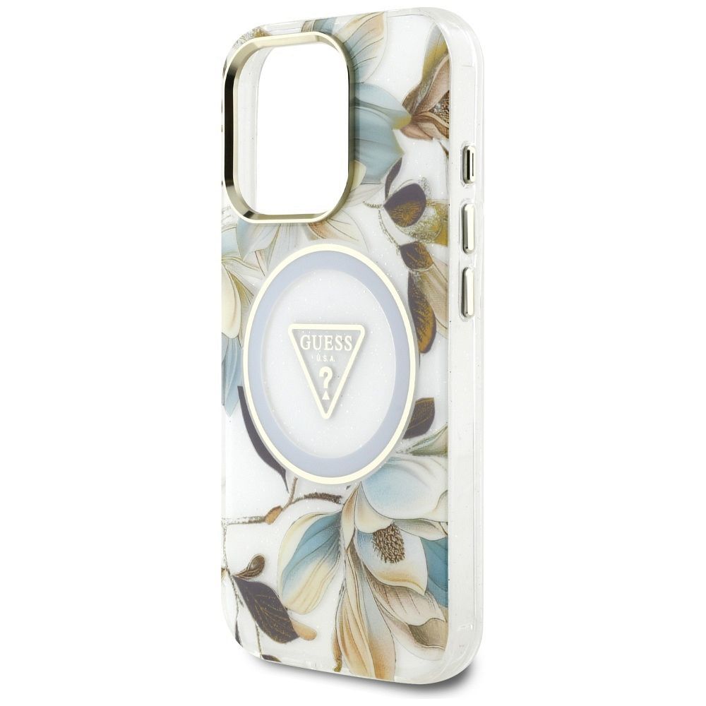 GUESS case for IPHONE 16 Pro compatible with MagSafe GUHMP16LHFLPEDH (IML Metal Glitter Flowers Triangle) white