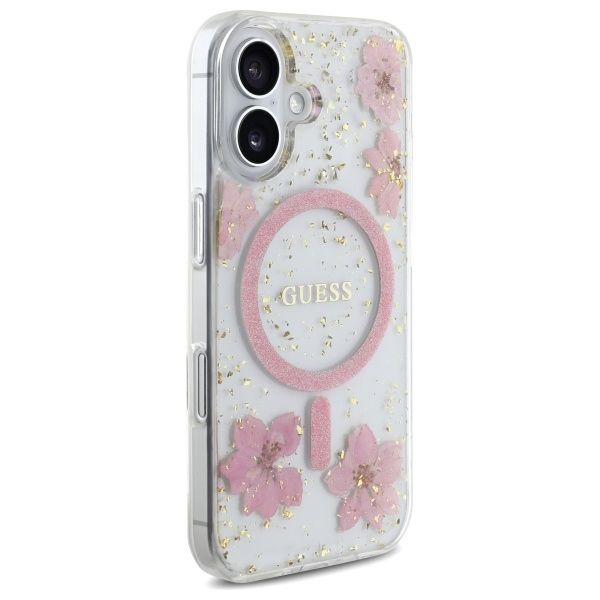 GUESS case for IPHONE 16 compatible with MagSafe GUHMP16SRBFGFGMP (Resin Flowers and Glitter) pink