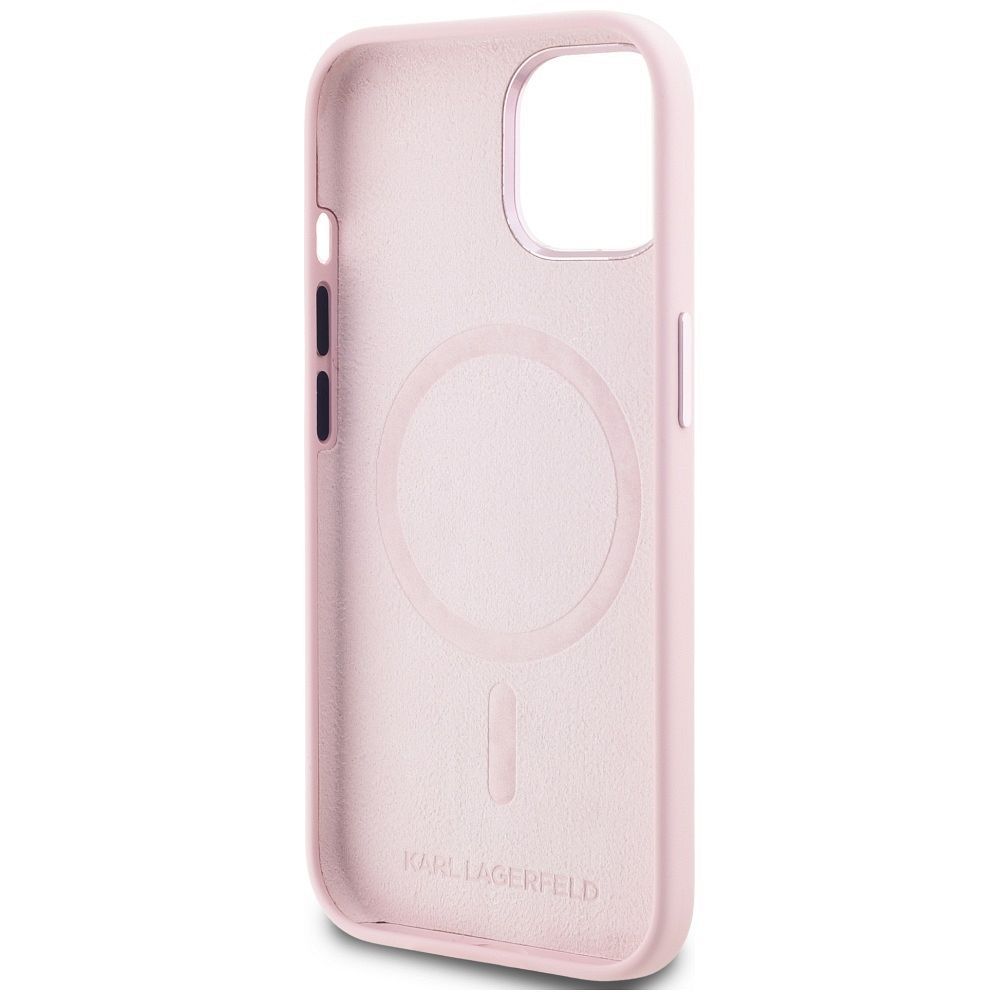 KARL LAGERFELD case for IPHONE 15 compatible with MagSafe KLHMP15SSCMKMPCP (Silicone Initial Metal Logo) pink