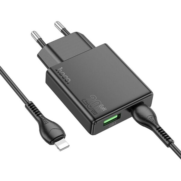 HOCO slim wall charger USB A + Type C with Type C to Lightning cable PD QC3.0 3A 20W N38 black