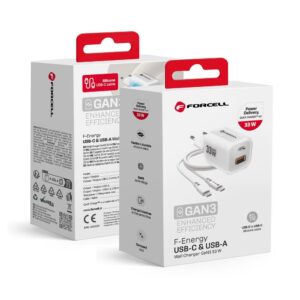 FORCELL F-ENERGY Crystal Color GaN III VT-41 travel charger with silicone cable with 1 x Type C + 1x USB A sockets, PD QC4.0 33W white