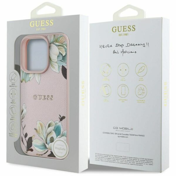 GUESS case for IPHONE 16 Pro compatible with MagSafe GUHMP16LPGNMPLMP (PU Grained Flowers Classic Logo) pink