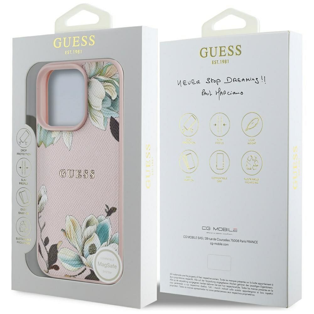 GUESS case for IPHONE 16 Pro compatible with MagSafe GUHMP16LPGNMPLMP (PU Grained Flowers Classic Logo) pink
