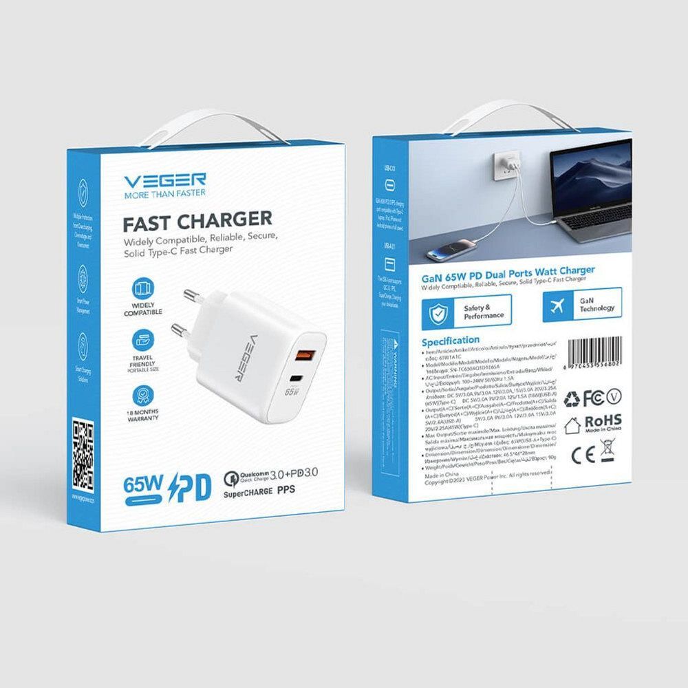 Φορτιστής Ταξιδίου VEGER USB A Type C PD QC3.0 65W Λευκός TCE650