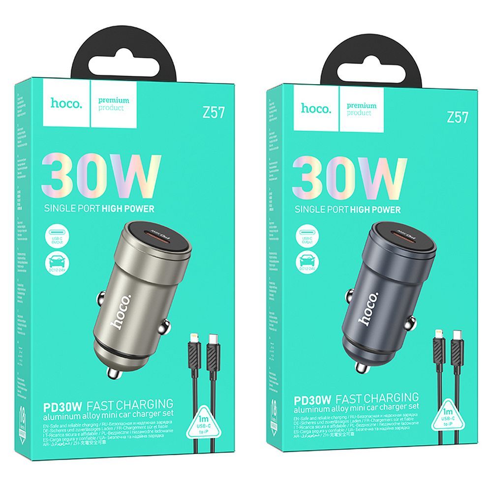 HOCO car charger Type C + cable Type C to Lightning PD QC 30W Z57 metal gray