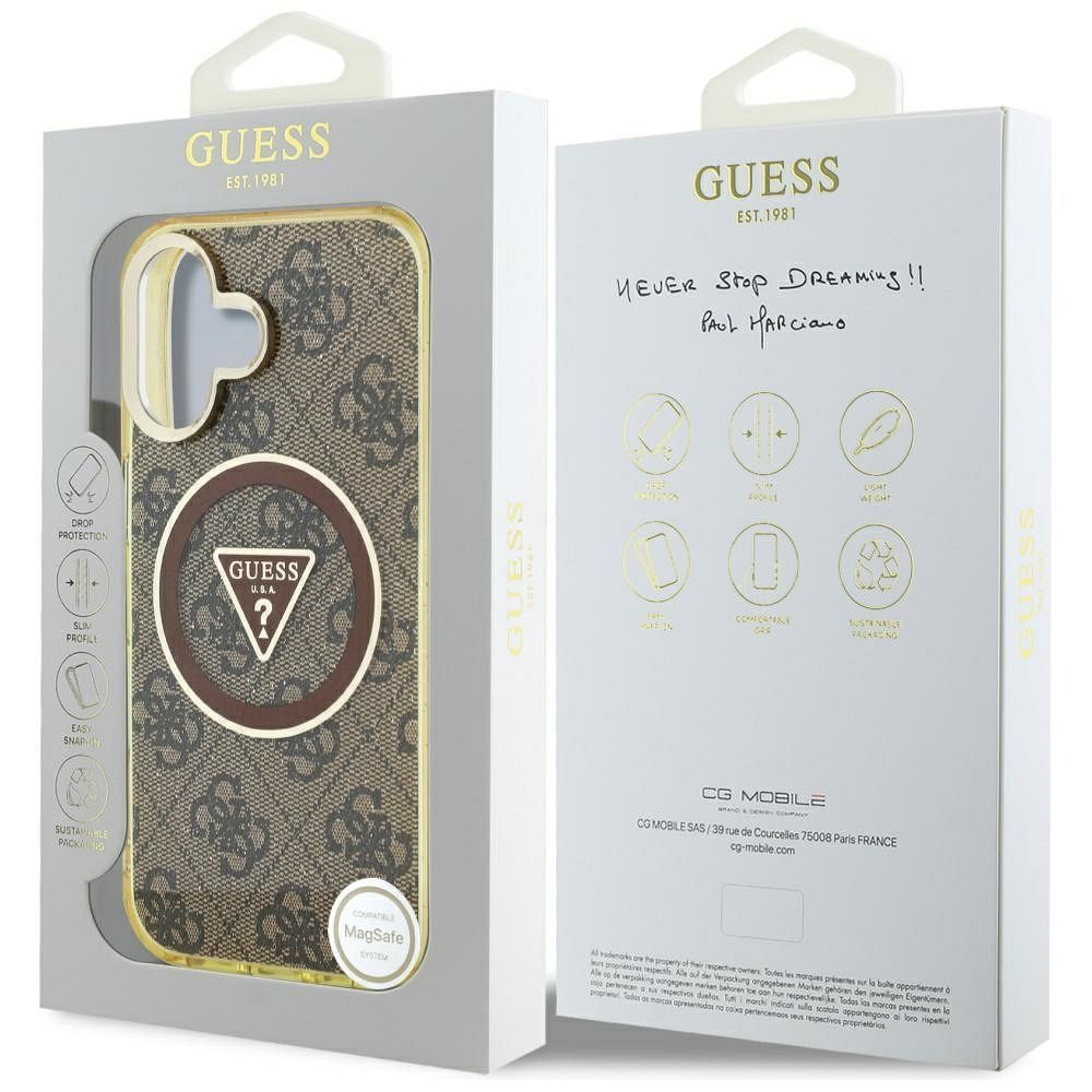 GUESS case for IPHONE 16 compatible with MagSafe GUHMP16SHG4PRTGW (IML Metal Glitter 4G Circle Triangle) brown