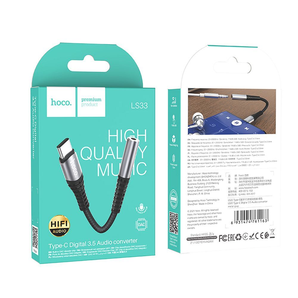 HOCO adapter AUX Jack 3,5 mm (female) to USB C (male) LS33 metal gray
