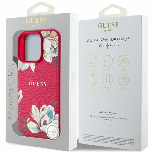 GUESS case for IPHONE 16 Pro compatible with MagSafe GUHMP16LPGNMPLMF (PU Grained Flowers Classic Logo) fuschia