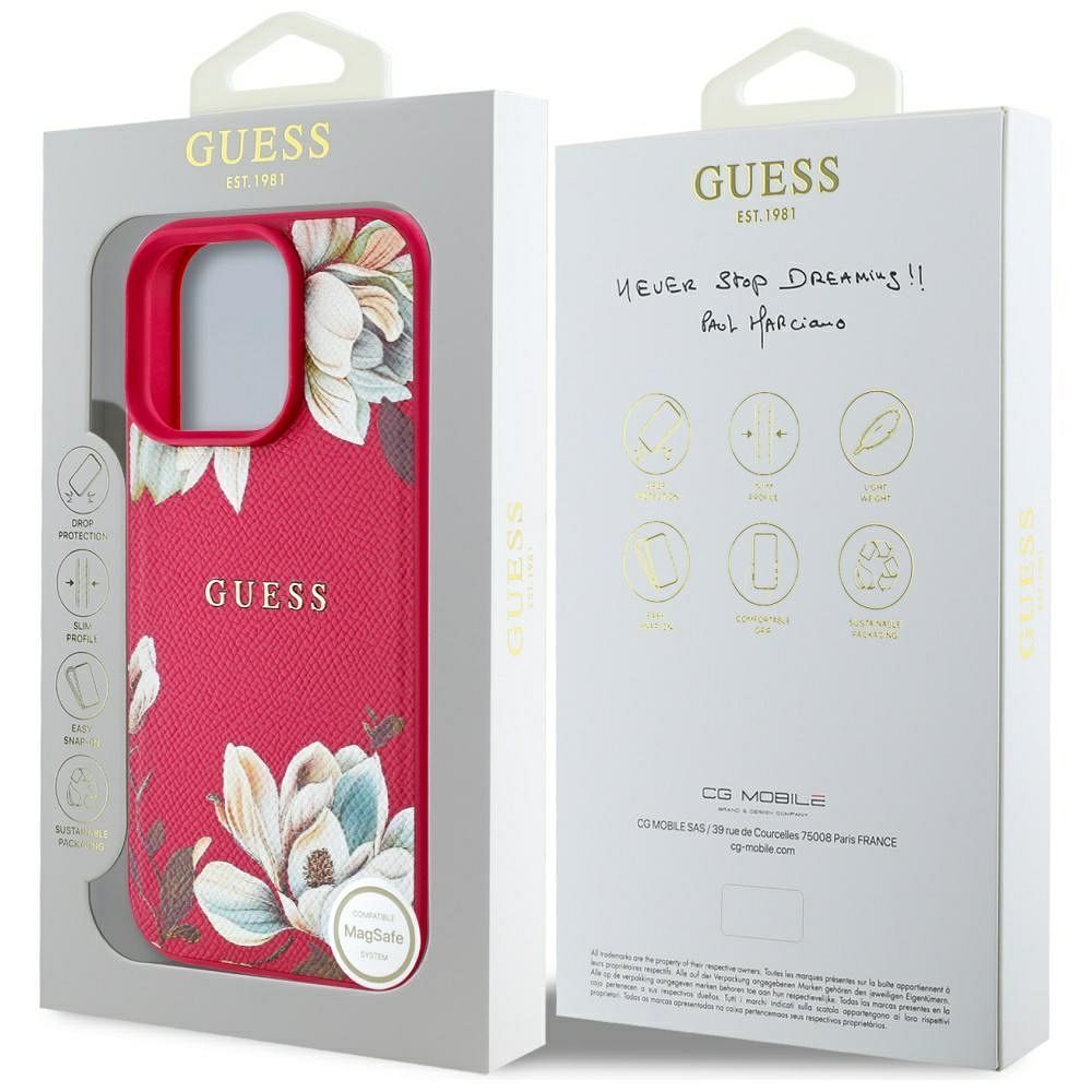 GUESS case for IPHONE 16 Pro compatible with MagSafe GUHMP16LPGNMPLMF (PU Grained Flowers Classic Logo) fuschia