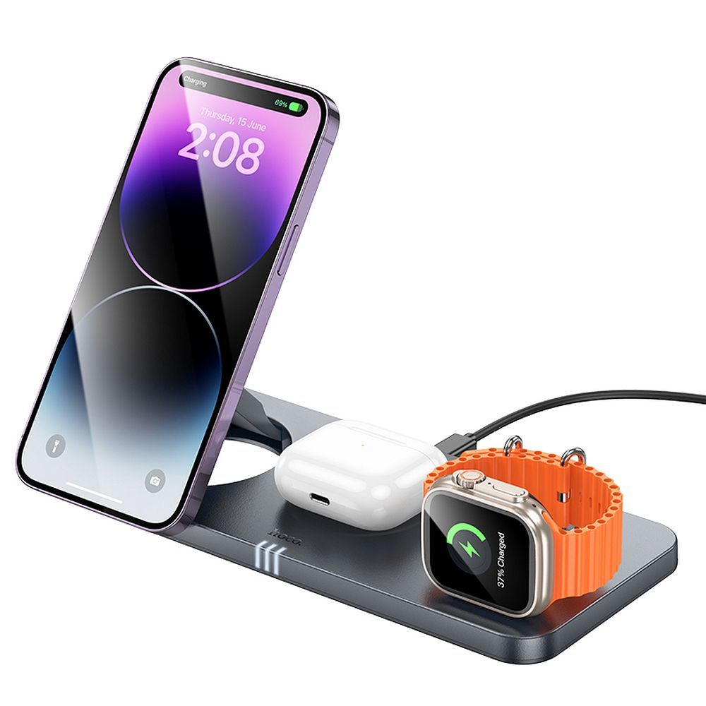 HOCO folding wireless charger 3in1 compatible with MagSafe and APPLE Watch 3A 15W CQ22 metal gray