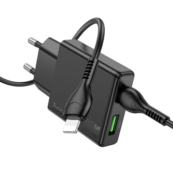HOCO slim wall charger USB A + Type C with Type C to Lightning cable PD QC3.0 3A 20W N38 black