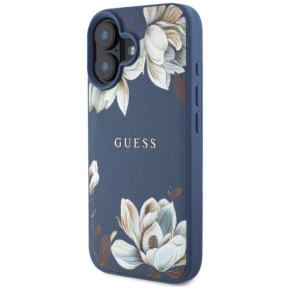 GUESS case for IPHONE 16 compatible with MagSafe GUHMP16SPGNMPLMB (PU Grained Flowers Classic Logo) blue