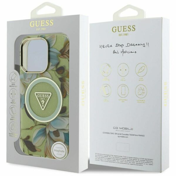 GUESS case for IPHONE 16 Pro compatible with MagSafe GUHMP16LHFLPEDN (IML Metal Glitter Flowers Triangle) green
