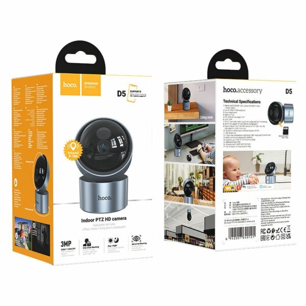 HOCO indoor camera adjustable in two planes with night mode Full HD D5 silver