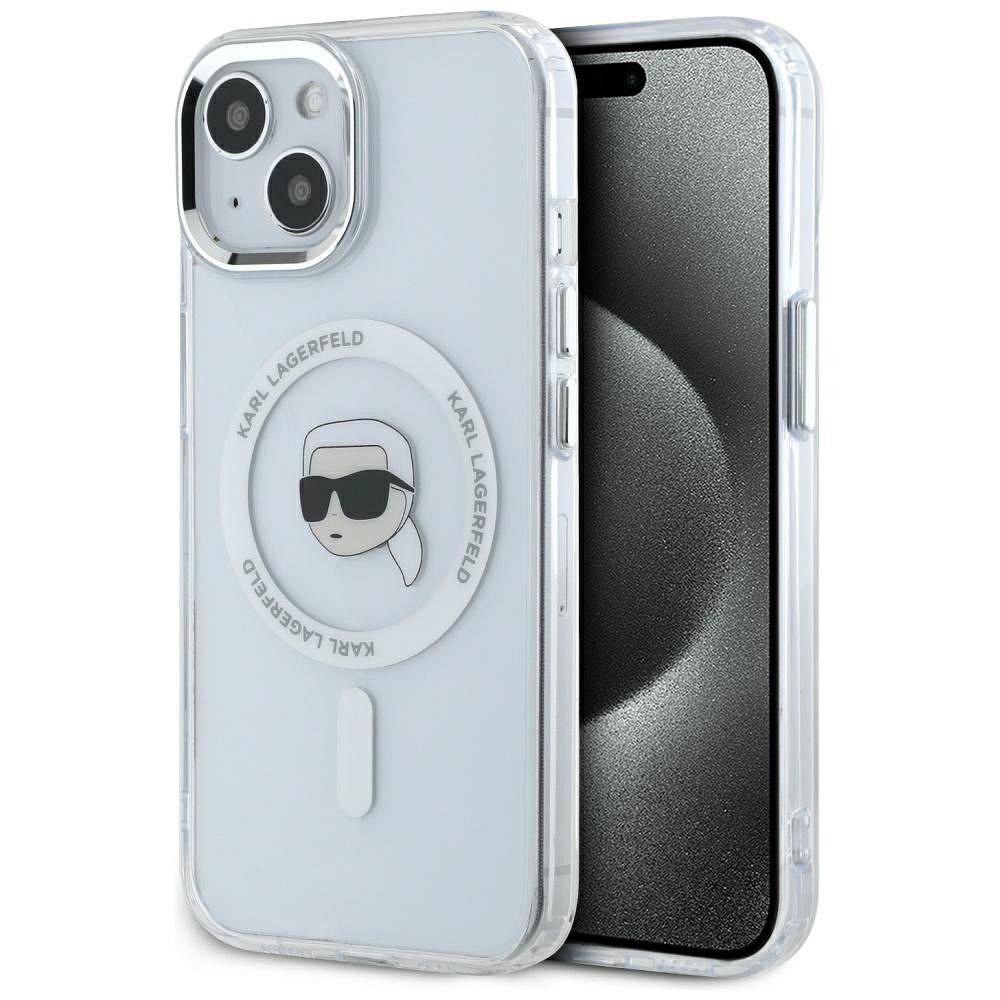 KARL LAGERFELD case for IPHONE 15 Plus compatible with MagSafe KLHMP15MHLSKIH (IML Metal K Head) white