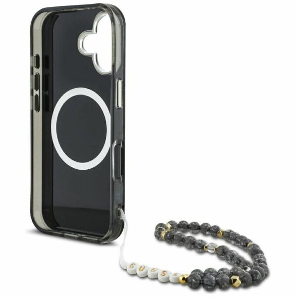 GUESS case for IPHONE 16 compatible with MagSafe GUHMP16SHPCTPLSK (IML Palm Trees Triangle W/ Pearl Strap) black