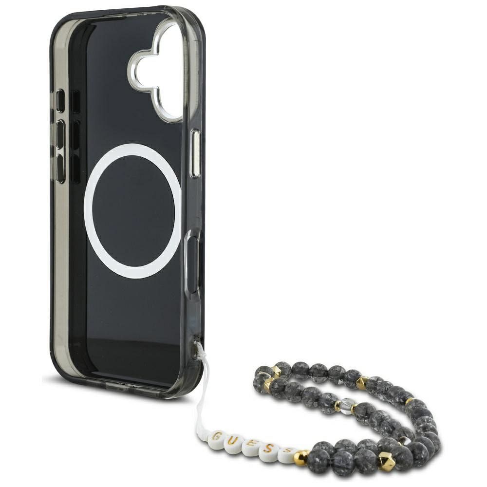 GUESS case for IPHONE 16 compatible with MagSafe GUHMP16SHPCTPLSK (IML Palm Trees Triangle W/ Pearl Strap) black