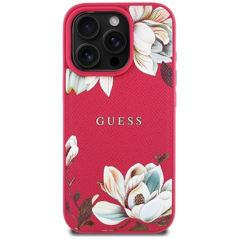 GUESS case for IPHONE 16 Pro compatible with MagSafe GUHMP16LPGNMPLMF (PU Grained Flowers Classic Logo) fuschia