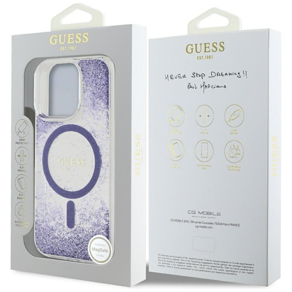 GUESS case for IPHONE 16 Pro compatible with MagSafe GUHMP16LRGRGEU (Resin Bottom Glitter) purple