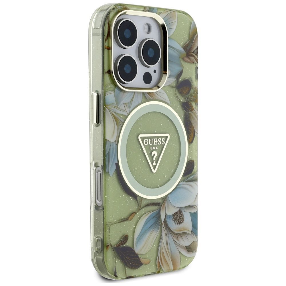 GUESS case for IPHONE 16 Pro compatible with MagSafe GUHMP16LHFLPEDN (IML Metal Glitter Flowers Triangle) green