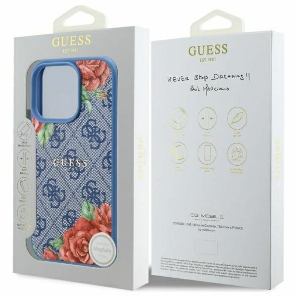 GUESS case for IPHONE 16 Pro compatible with MagSafe GUHMP16LP4ROPEMCB (4G Flowers Print) blue