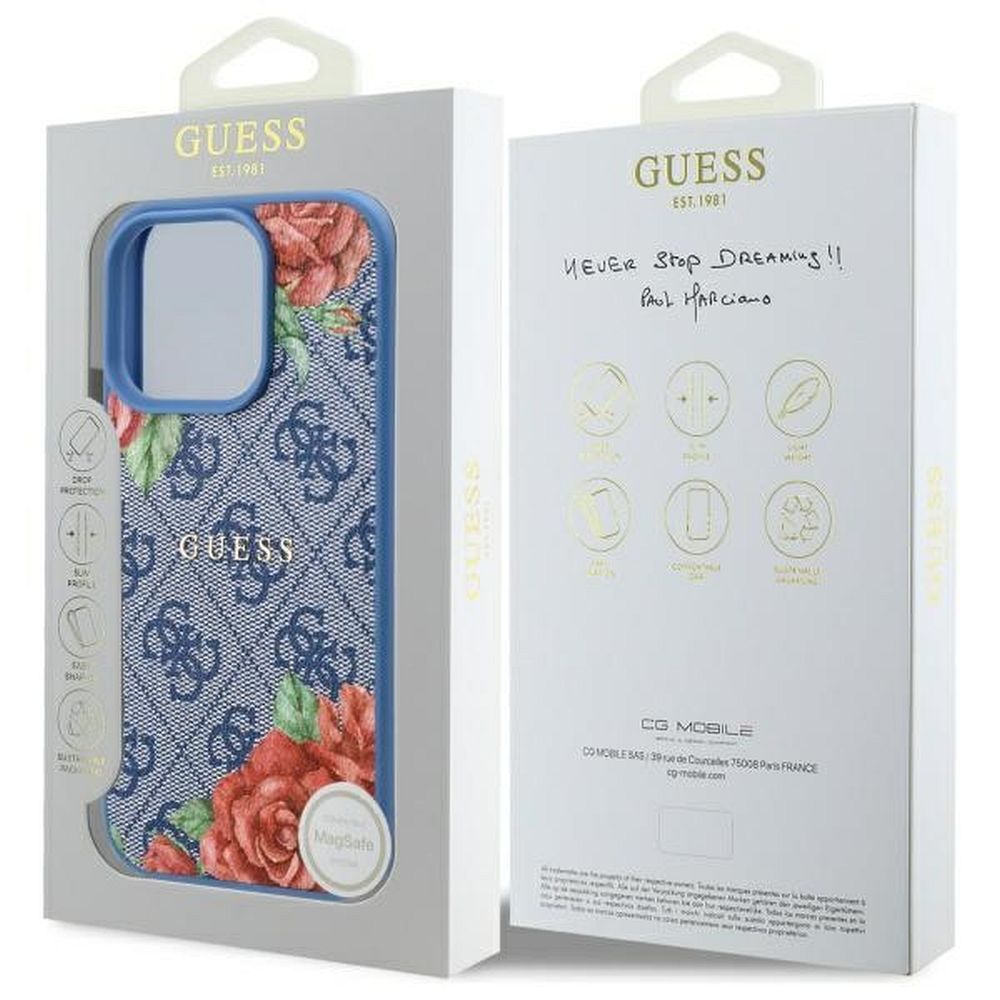 GUESS case for IPHONE 16 Pro compatible with MagSafe GUHMP16LP4ROPEMCB (4G Flowers Print) blue